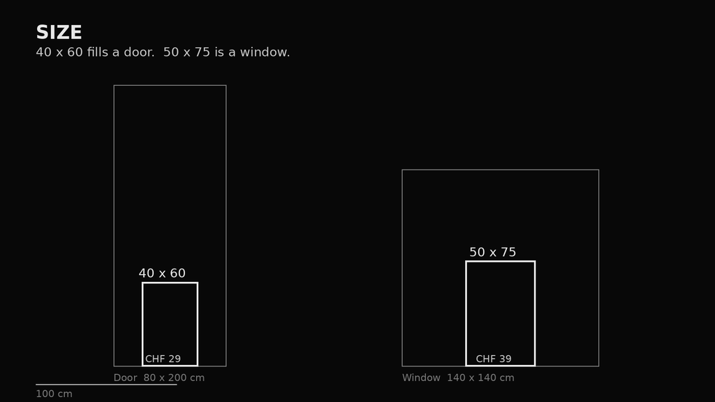 Size diagram. 40 x 60 cm and 50 x 75 cm.