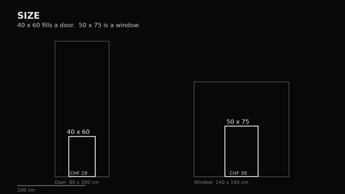 Size diagram. 40 x 60 cm and 50 x 75 cm.